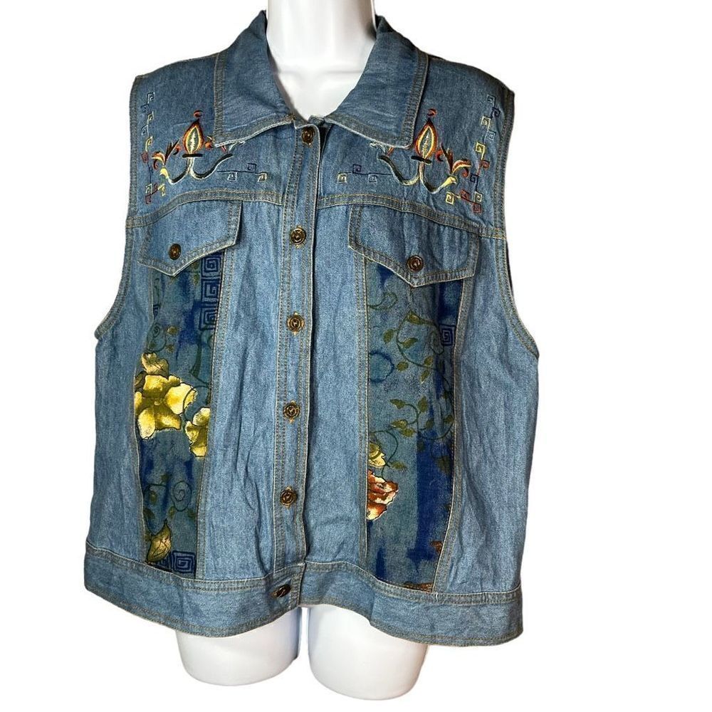 Vintage Saint Germain Paris Flower Print Denim Vest Size Large